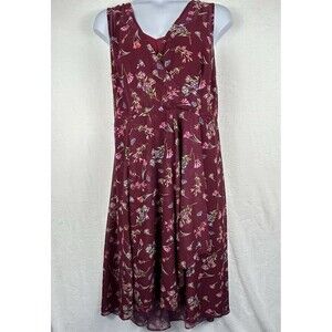 eShakti‎ Dark Red Floral Dress Sheer Overlay 2X Sleeveless Ruffle Feminine